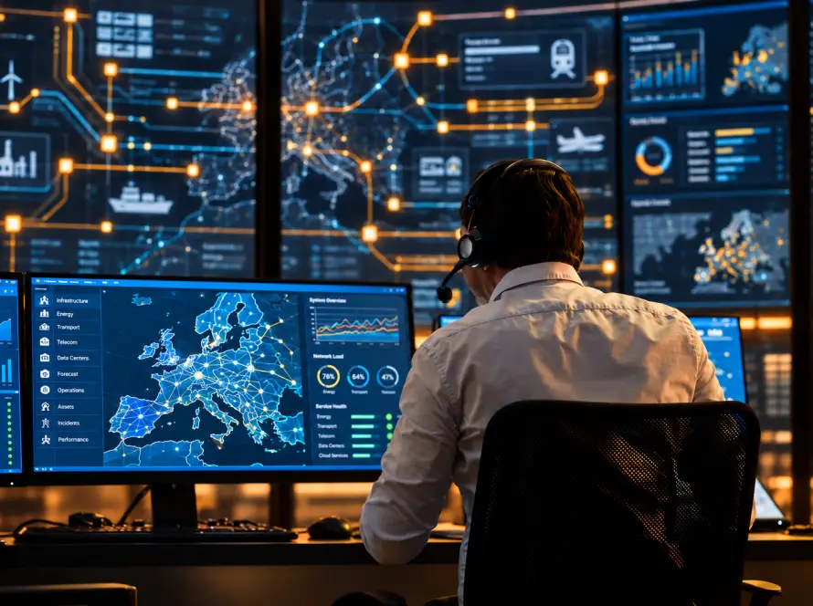Impiegato di ufficio controlla reti al pc.